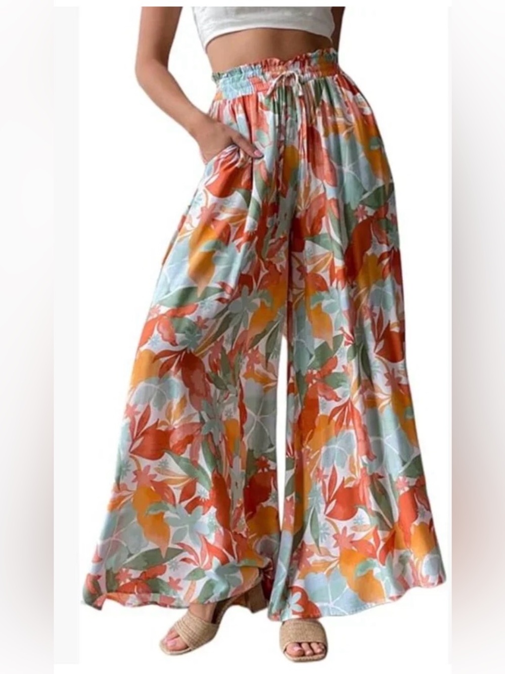 Flowy Wide Leg Palazzo Pant in Medium Boho Beach Vibes w/Waterfall Floral Print